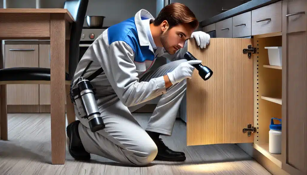 A Pest Control Canada Bay technician conducting an inspection inside a commercial kitchen or office space. The technician, dressed in a professional uniform